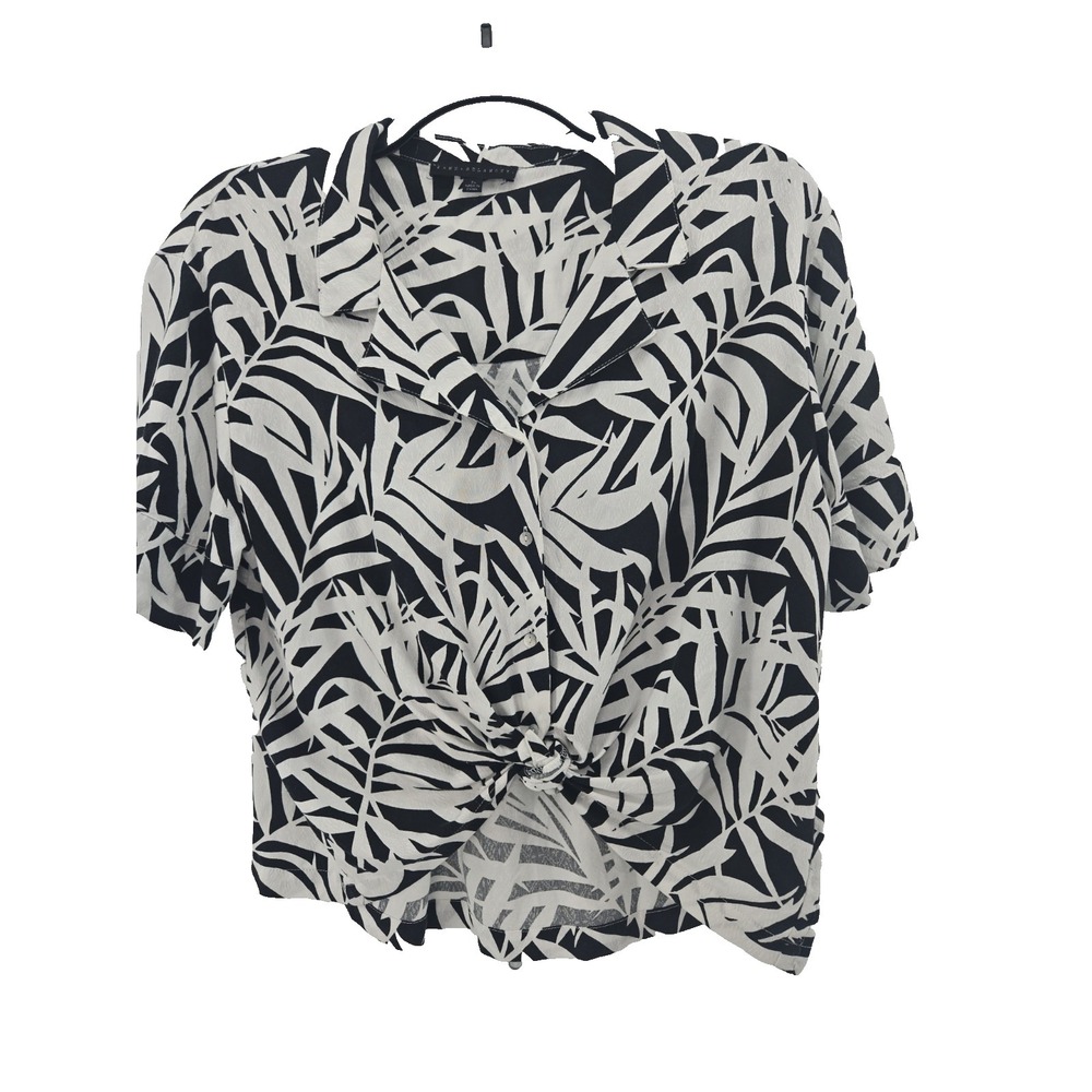 Jane Delancey‎ Women's XL Black White Tropical Print Button-Tie-Front Top Blouse